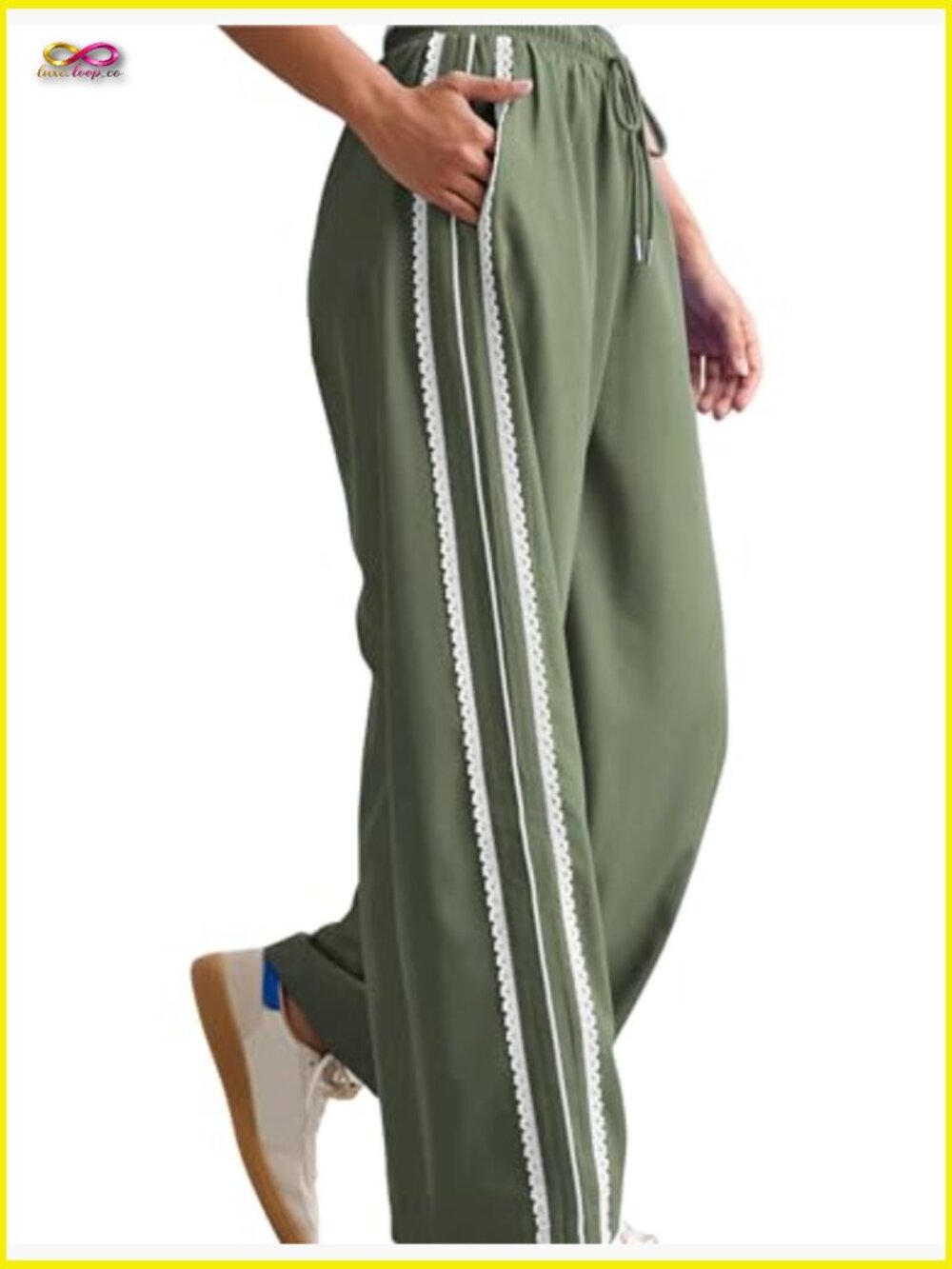 Wide Leg Sweatpants Side Stripe Crochet Drawstring Casual Track Palazzo Pockets - Picture 2 of 7